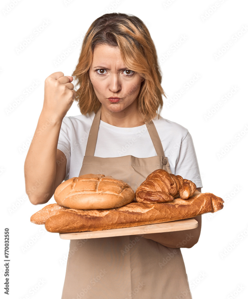 Middle-aged Caucasian woman baker with bread tray showing fist to camera, aggressive facial expression.