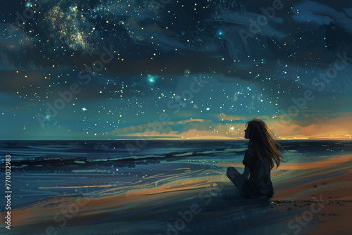 A woman is sitting on the beach at night, looking up at the stars