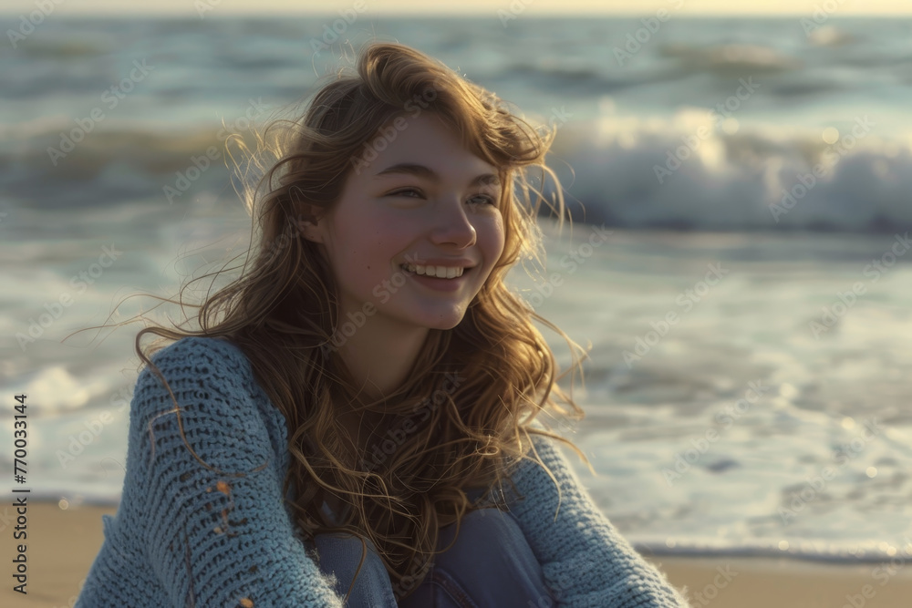A woman with long hair is sitting on the beach, smiling