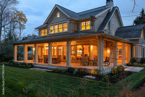 An evening perspective of a prestigious residence's exterior, showcasing interior lights adding a cozy glow, a porch with tasteful patio arrangements, and a lawn showcasing gardening mastery. photo