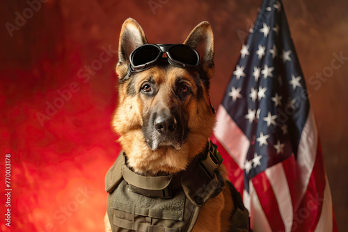 Patriotic German Shepherd with Goggles and Flag. Generative AI image photo