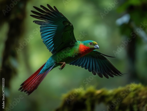 Green parrot flying in forest
