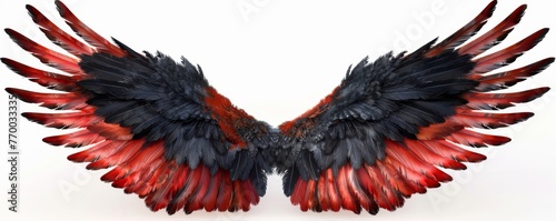 Red and black feathered angel wings isolated on a white background, detailed illustration