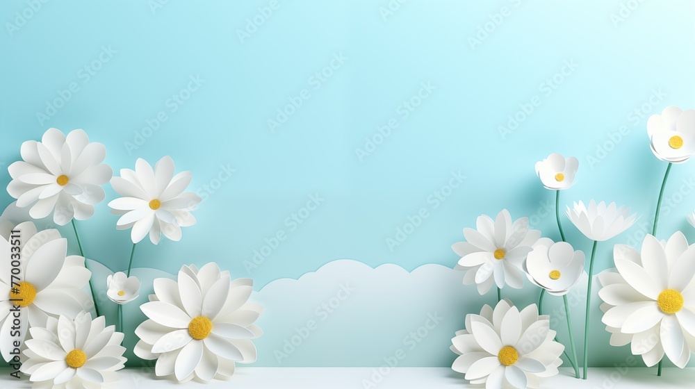 Fototapeta premium 3d banner or background with white daisies flowers in grass and blue sky. Greeting card, invitation template with chamomile flowers. Modern banner poster, sale template background.
