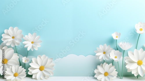 3d banner or background with white daisies flowers in grass and blue sky. Greeting card, invitation template with chamomile flowers. Modern banner poster, sale template background. photo