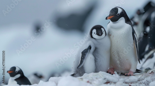A baby penguin stands next to an adult penguin