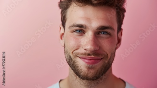 Close-up portrait of a smiling man with blue eyes on a pink background
