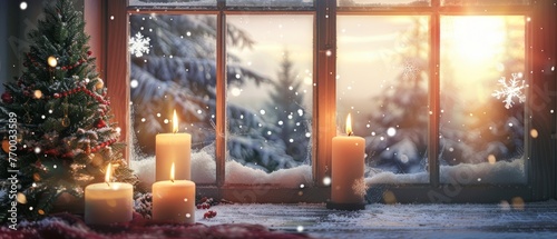 Winter window with candles and Christmas trees. Snowflakes falling outside the glass