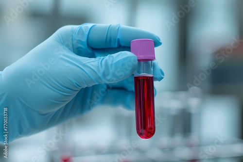 Gloved hand holding a vial of blood, symbolizing medical research and laboratory testing, against a blurred lab background
