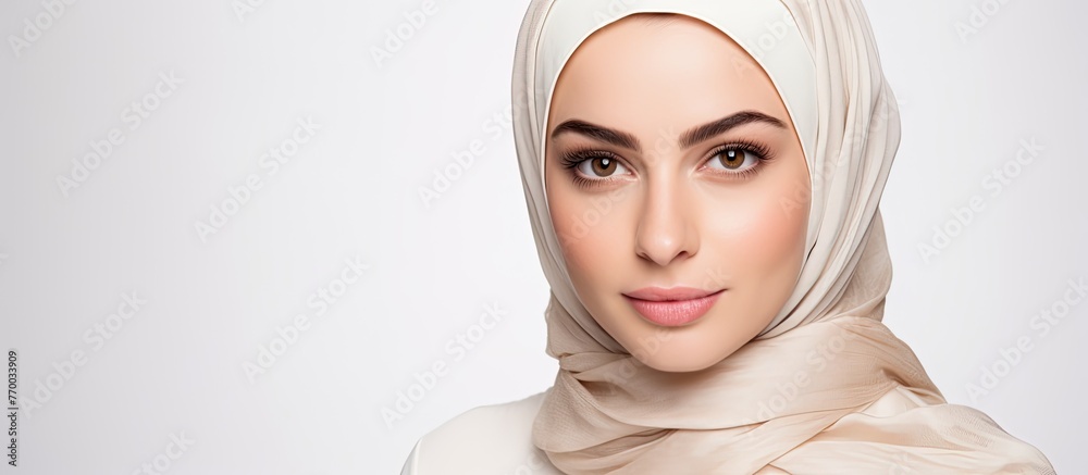 A woman with layered hair and eyelashes peeking out from her hijab looks directly at the camera, showcasing her colorful makeover A woman with layered hair and eyelashes peeking out from her hijab looks directly at the camera, showcasing her colorful makeover