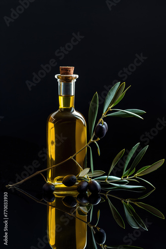 Elegant olive oil bottle with black olives on branch. Generative AI image photo