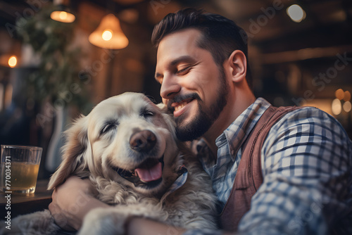 Immerse yourself in the serene moment of a dog nestled on his owner's lap in a relaxed cafe-bar environment, embodying the pure   Generative AI, © Ajrak