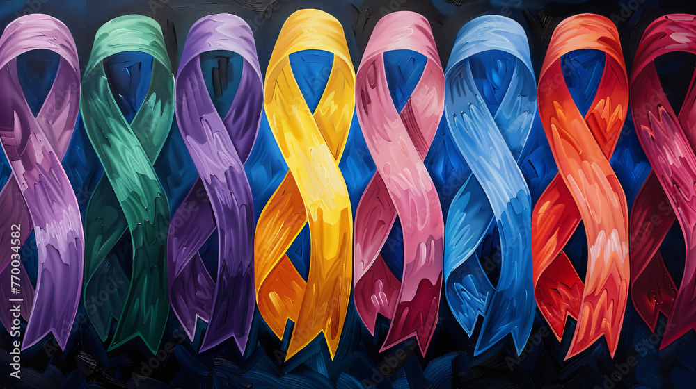 A painting of a row of ribbons in various colors - obrazy, fototapety, plakaty 