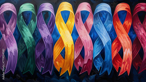 A painting of a row of ribbons in various colors
