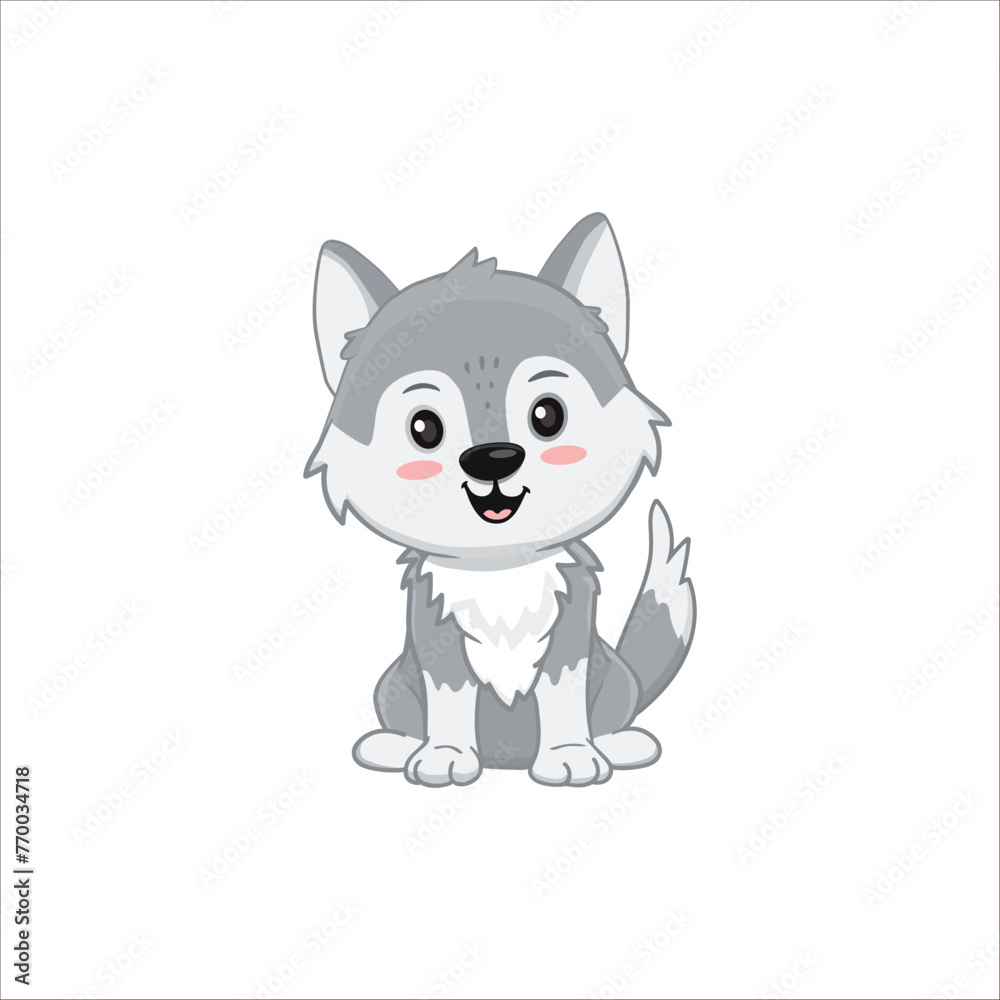 Cute Gray wolf isolated on white. Cartoon character, wolf cub grey. Vector illustration