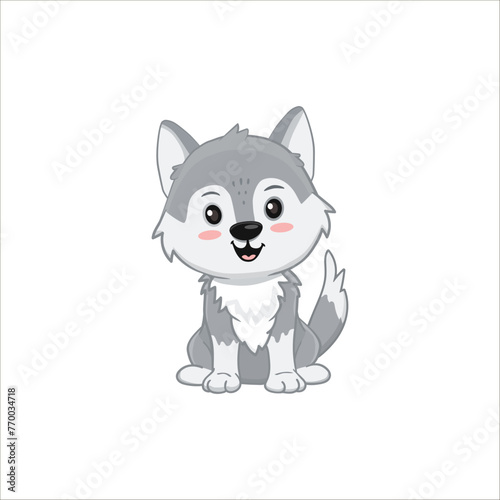 Cute Gray wolf isolated on white. Cartoon character  wolf cub grey. Vector illustration