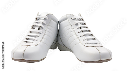 A pair of pristine white sneakers rest gracefully on a clean white background