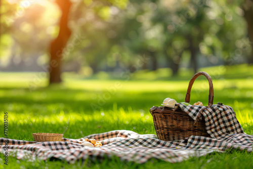 Summer rest on picnic in the park. There is blanket and basket of food on the grass.