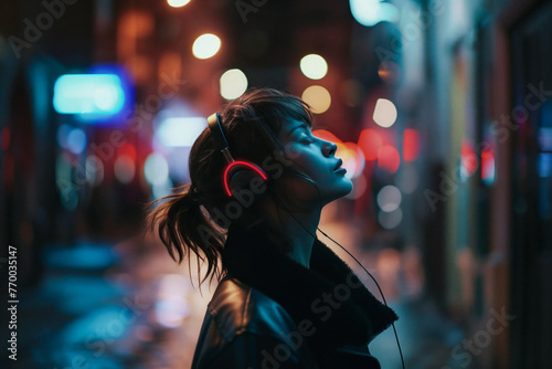 Young woman enjoying music on city street at night. Generative AI image photo