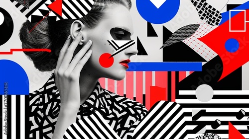 Monochrome face of a young girl in composition with geometric figures of bright colors. Abstract surrealistic collage. Portrait of a beautiful woman. Combination of photorealism with digital art. © Login