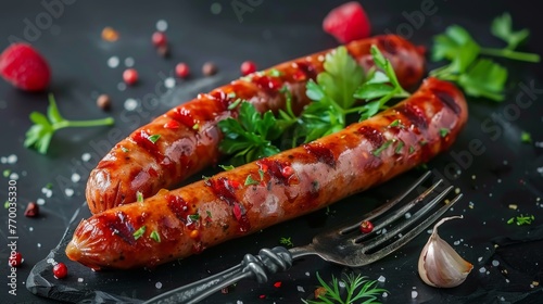 Grilled Sausage on Grill With Cranberry Sauce