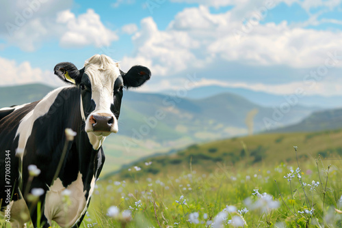 Black and white cow in spring or summer sunny field with green grass and wildflowers. Cattle cow grazing on farmland. Agriculture industry, farming and animal husbandry concept