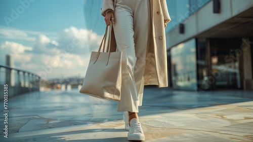 Woman Standing With Shoulder Bags by Blue Wall