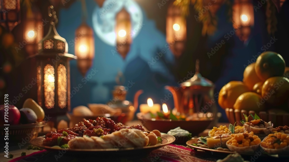 Iftar dishes on a luxurious table, against the background of an Islamic lantern and changing moonlight