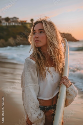 Woman Standing on Beach Holding Surfboard