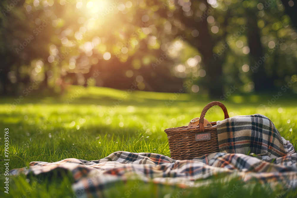 Summer rest on picnic in the park. There is blanket and basket of food on the grass. Summer rest on picnic in the park. There is blanket and basket of food on the grass.