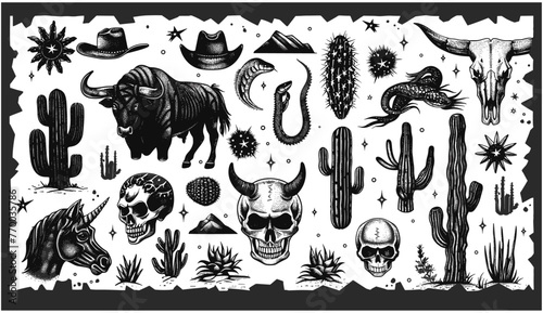 リノカット ウエスタン ボホ セット、テキサス砂漠彫刻プリント コレクション、ベクター キャニオン野生動物、サボテン。テクスチャ グランジ アリゾナ ロデオ グラフィック、雄牛、馬、蛇、頭蓋骨のシルエット。ミスティックリノカットウエスタン