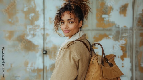 Woman Standing With Shoulder Bags by Blue Wall