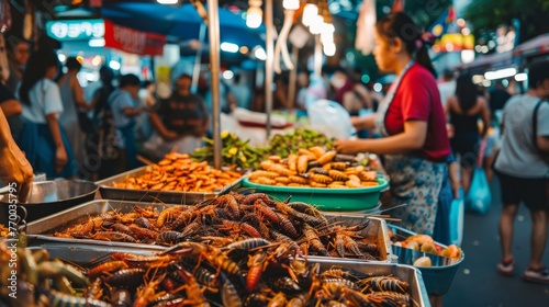 Street food stall showcases a sustainable food of the future, serving various edible insects Concept: food of the future photo