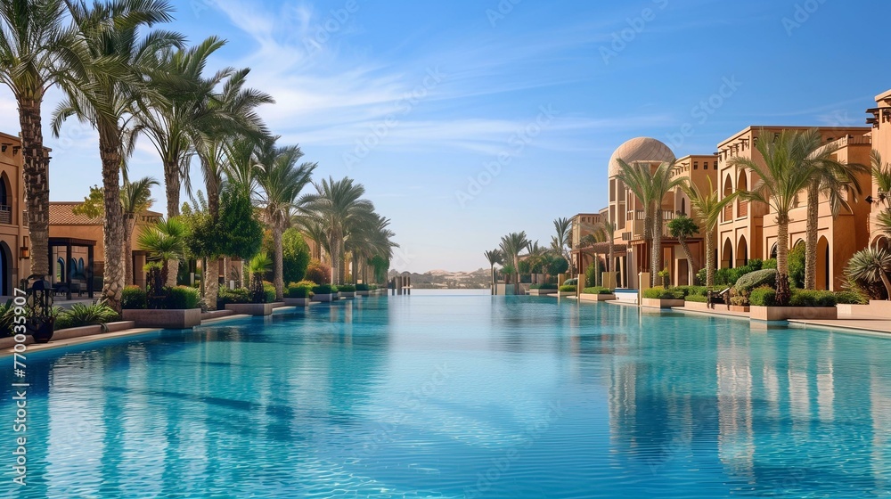 Luxury Resort with Infinity Pool and Palm Trees Overlooking Serene Desert.