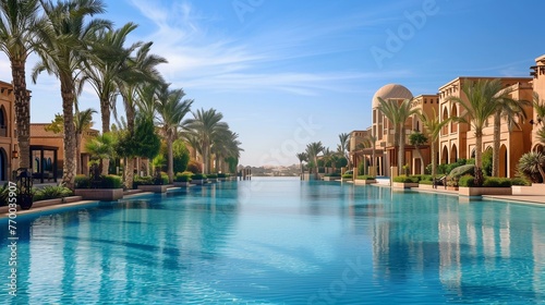 Luxury Resort with Infinity Pool and Palm Trees Overlooking Serene Desert. © Qstock