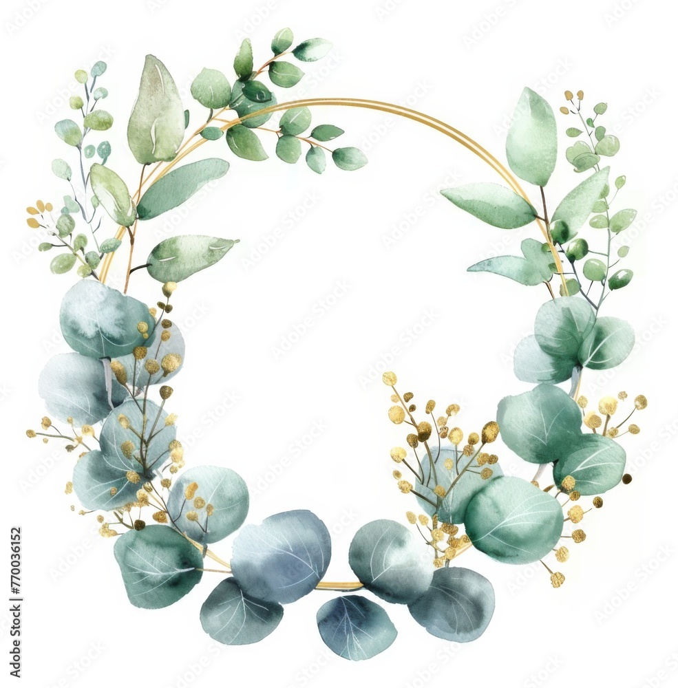 Watercolor green eucalyptus and gold circle frame or boarder, simple ...