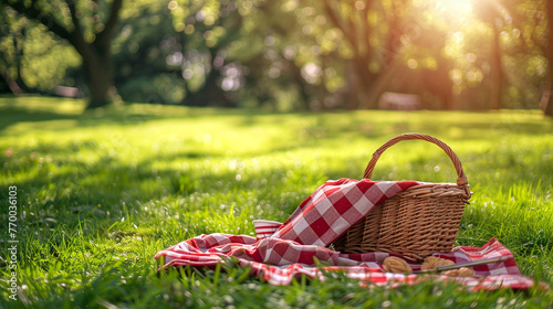 Summer rest on picnic in the park. There is blanket and basket of food on the grass.