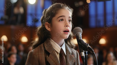 Woman Speaking at Microphone