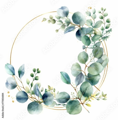Watercolor green eucalyptus and gold circle frame or boarder, simple design in the style of clipart isolated on white background, soft pastel colors, gold glitter.