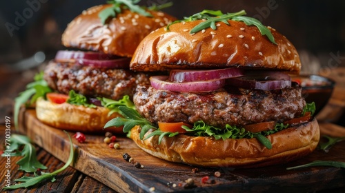 Two Hamburgers With Onions and Meat on a Cutting Board