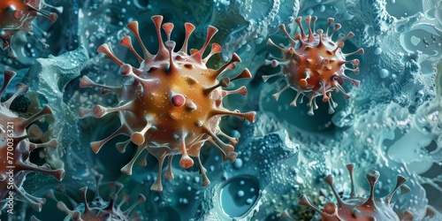 Group of viruses  health threatening coronavirus in liquid environment.