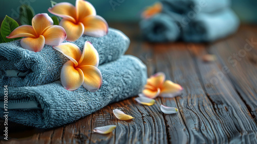 Towel and Flowers on Wooden Table