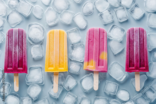 Colorful popsicles on ice with a cool blue background. Generative AI image photo