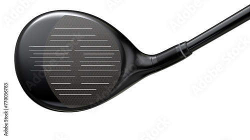 A detailed close-up of a sleek golf club against a pristine white background, showcasing its intricate design and craftsmanship
