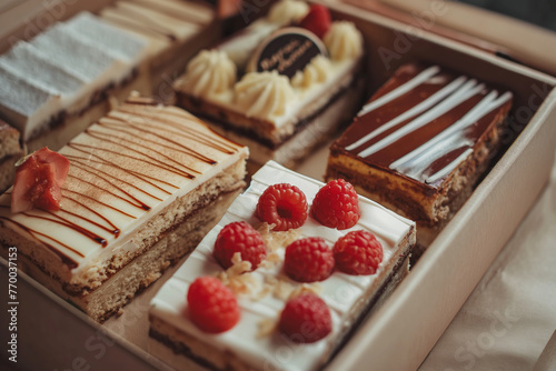 An assortment of delicious pastries and cakes with fresh raspberries photo