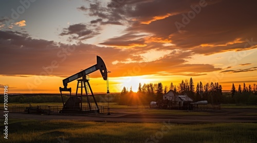 As the sun dips below the horizon, the silhouette of pumping stations and an oil well pumping beam creates a captivating industrial panorama.