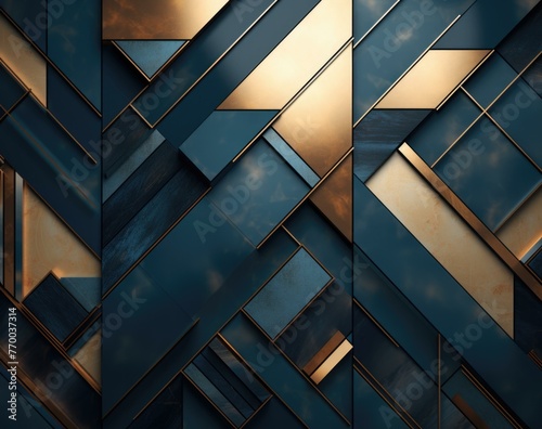 A blue and gold geometric background with a metallic design. Generative AI.