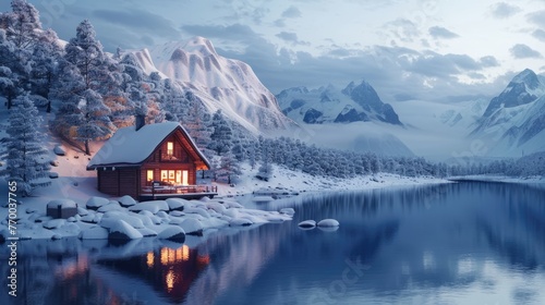 A picturesque winter view unfolds in the photo, with a small and cozy cabin nestled on the snowy shores of a mountain lake, offering a serene haven amidst the snowy magnificence. © GoLyaf