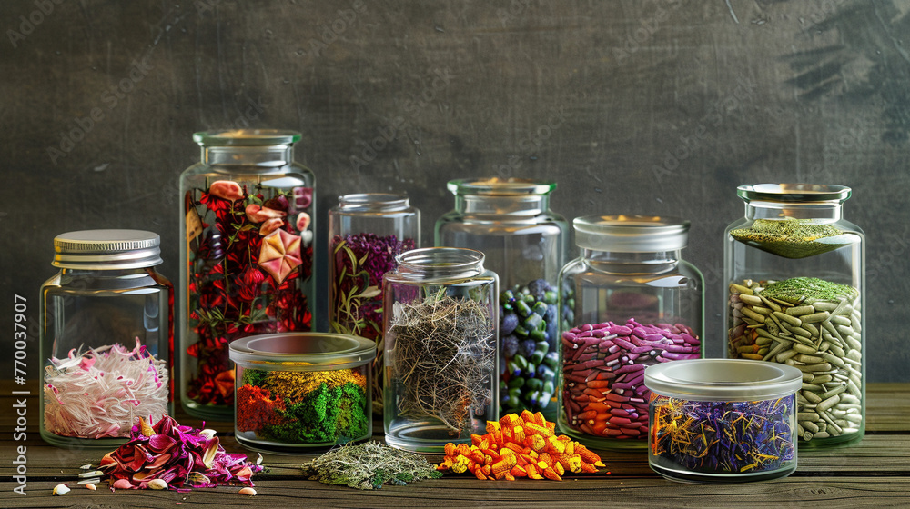 Assortment of Herbal Remedy Ingredients in Glass Jars - obrazy, fototapety, plakaty 