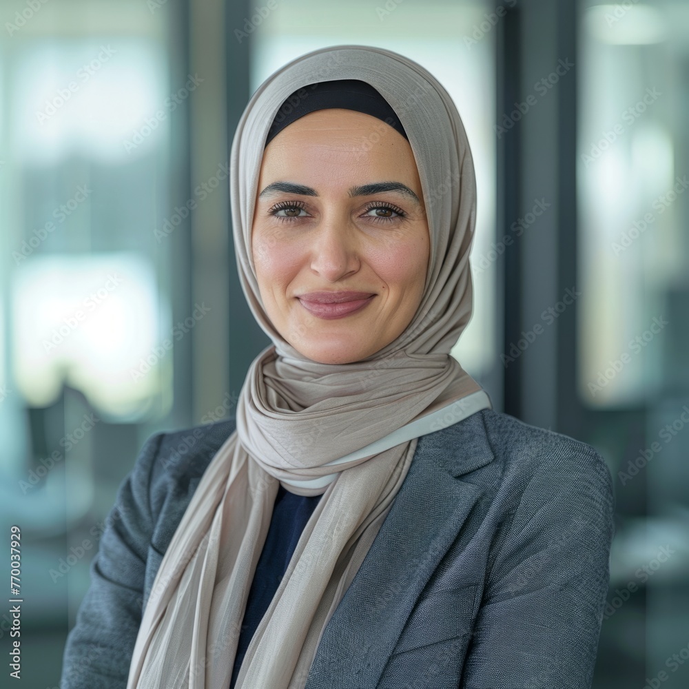A smiling businesswoman of Muslim nationality, 30-40 years old, an active business woman against the background of her office A smiling businesswoman of Muslim nationality, 30-40 years old, an active business woman against the background of her office